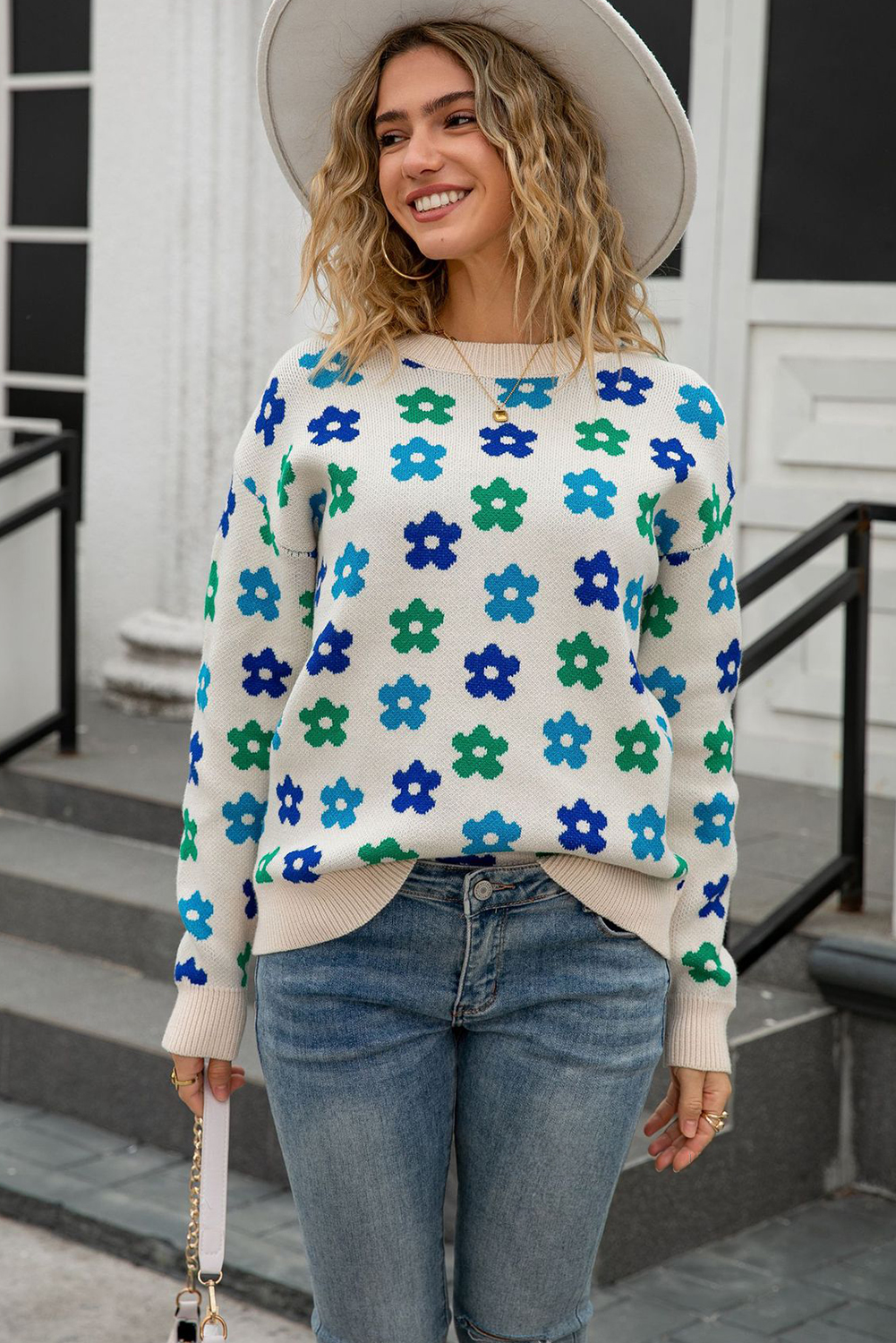Apricot Cute Flower Allover Ribbed Trimmed Drop Shoulder Pullover Sweater - loveforevers