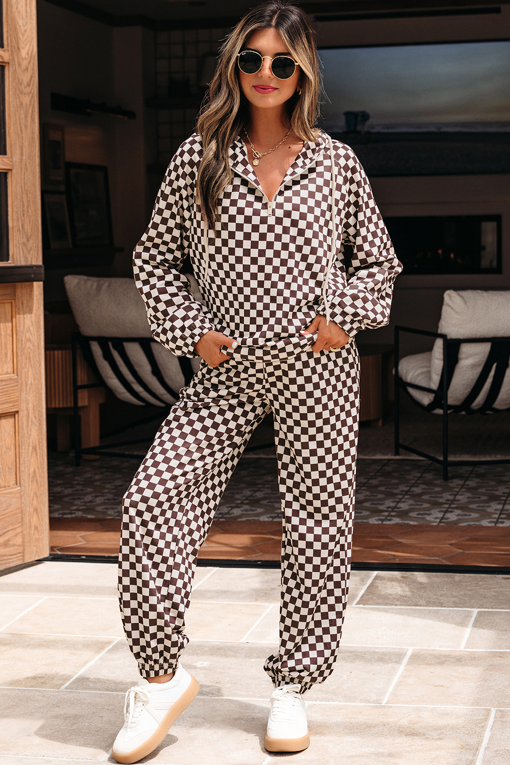 Black Athleisure Checkered 2pcs Pants Set - loveforevers