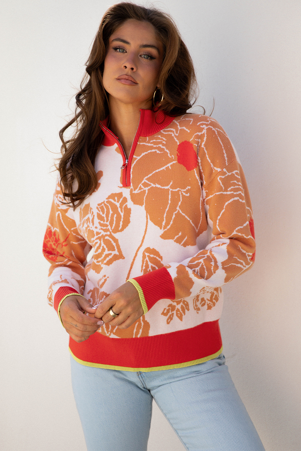 Khaki Floral Half Zip Collared Pullover Sweater - loveforevers
