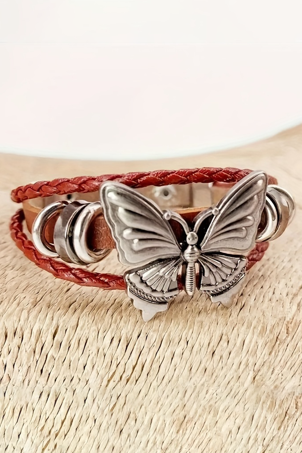 Mineral Red Retro Butterfly Decor Exotic Faux Leather Braided Snap Button Bracelet - loveforevers
