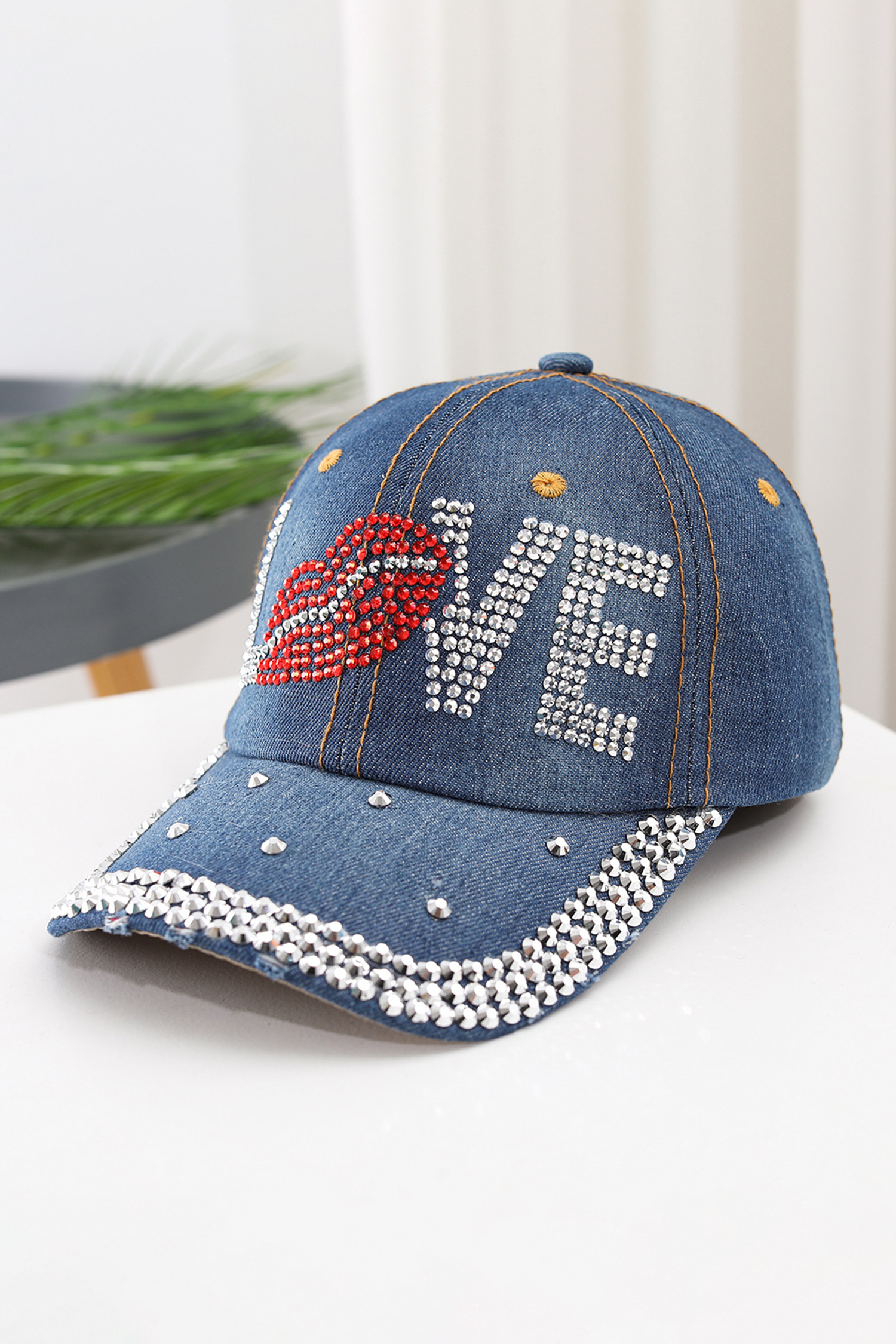 Ashleigh Blue Rhinestone Embellished LOVE Lip Denim Baseball Cap - loveforevers