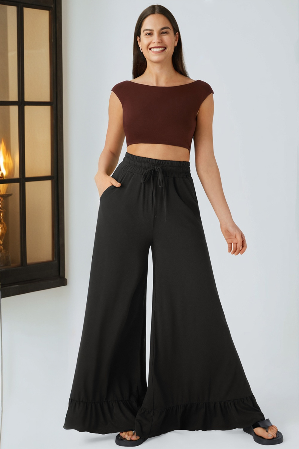 Black Ruffled Wide Leg Pull On High Waist Pants with Pockets - loveforevers
