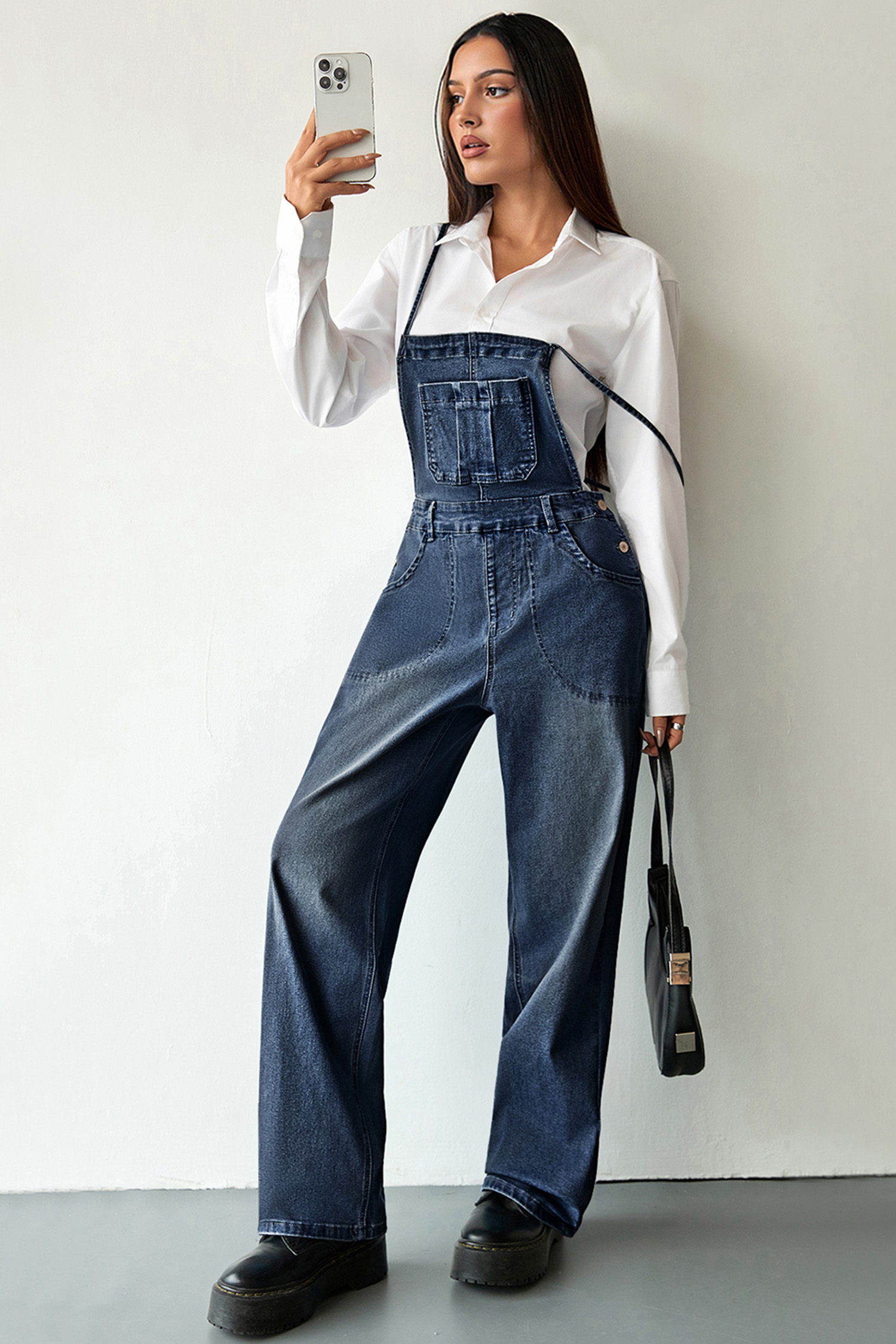 Dark Blue Crossed Tie Straps Bib Pocket Loose Denim Overalls - loveforevers
