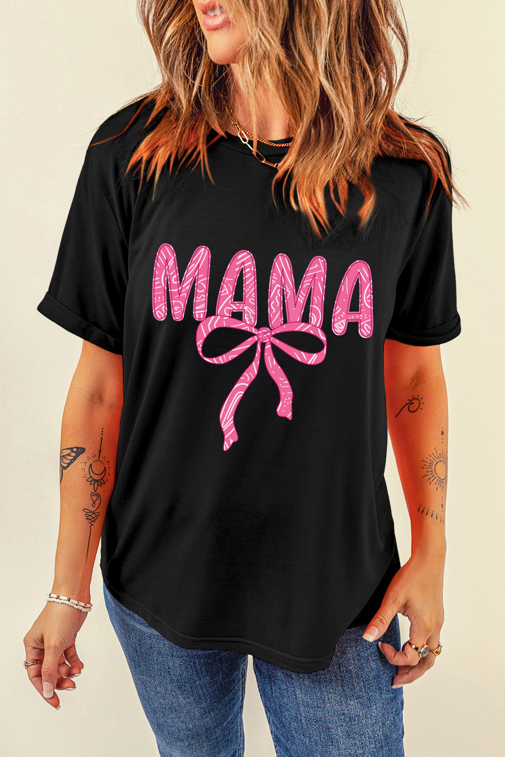 Black MAMA Ribbon Bowknot Graphic Crewneck T Shirt - loveforevers
