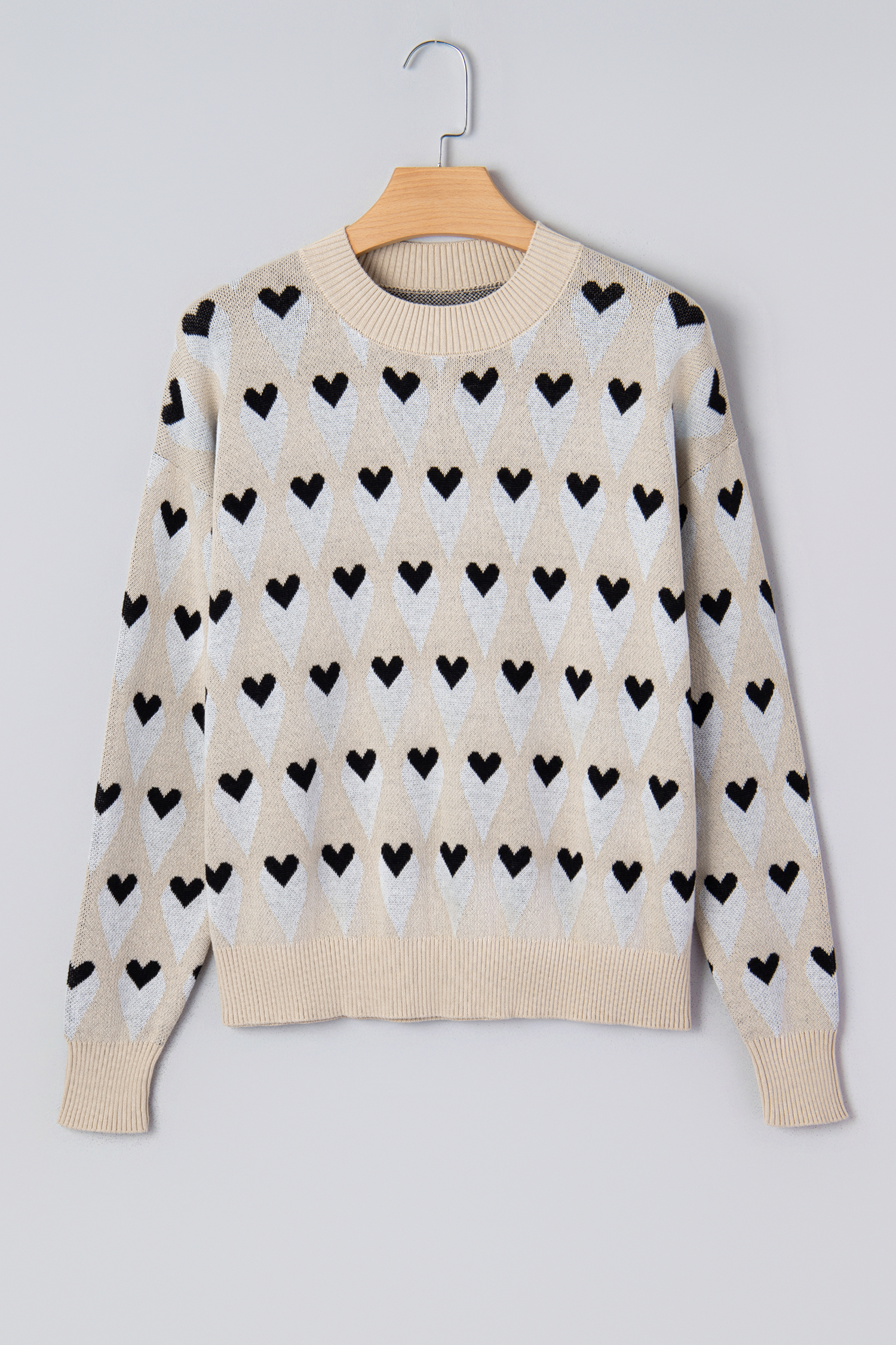 Parchment Geometric Heart Print Ribbed Trim Loose Sweater - loveforevers