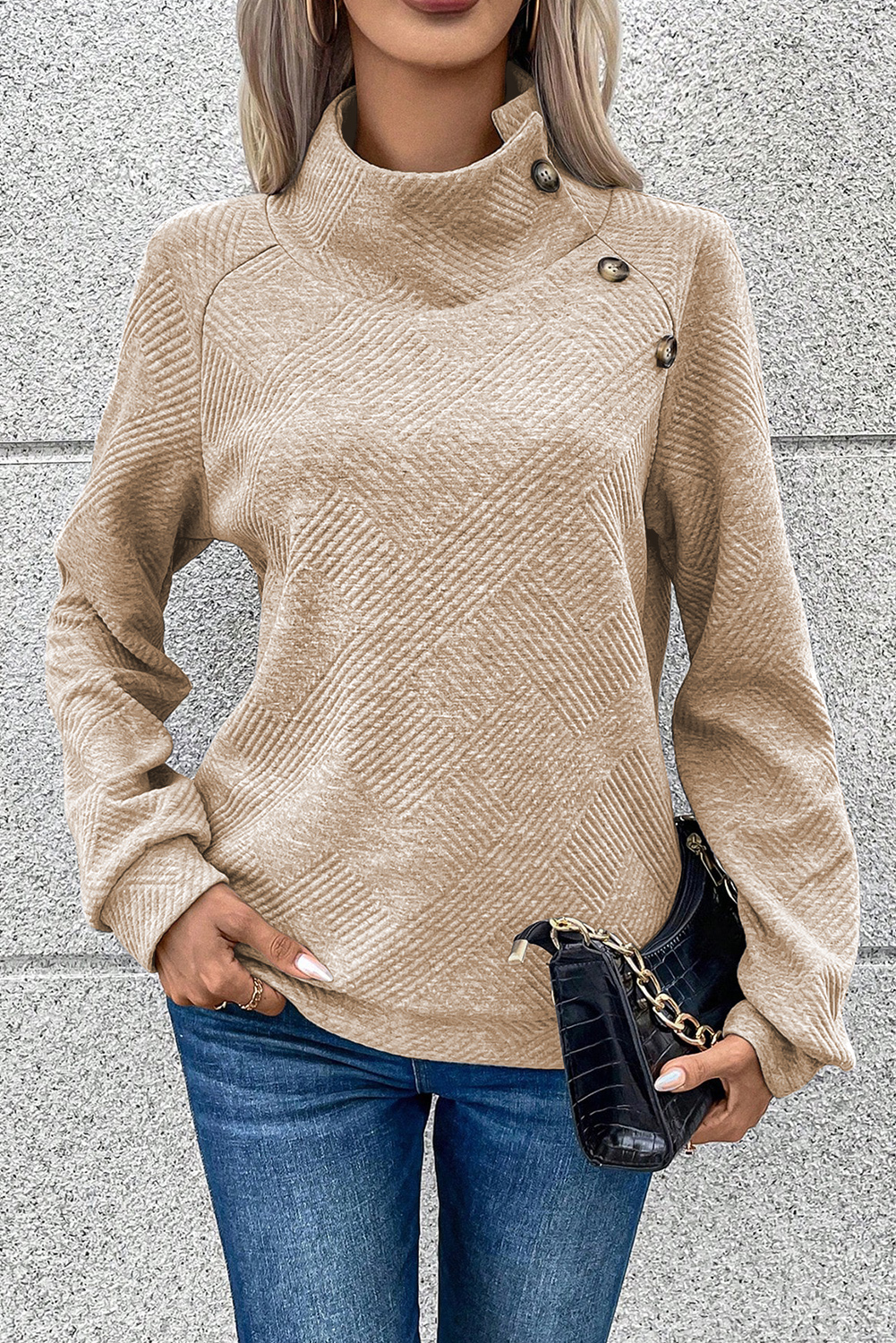 Apricot  Asymmetric Buttons Detail High Neck Textured Sweatshirt - loveforevers