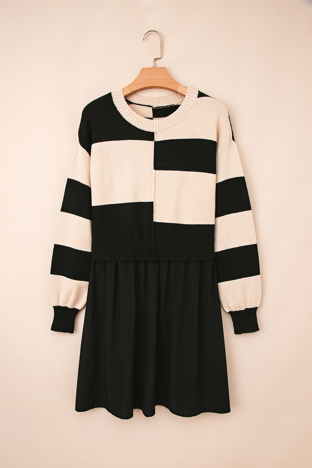 Black Stripe Two in One Knitted Top High Waist Splicing Hem Sweater Dress - loveforevers