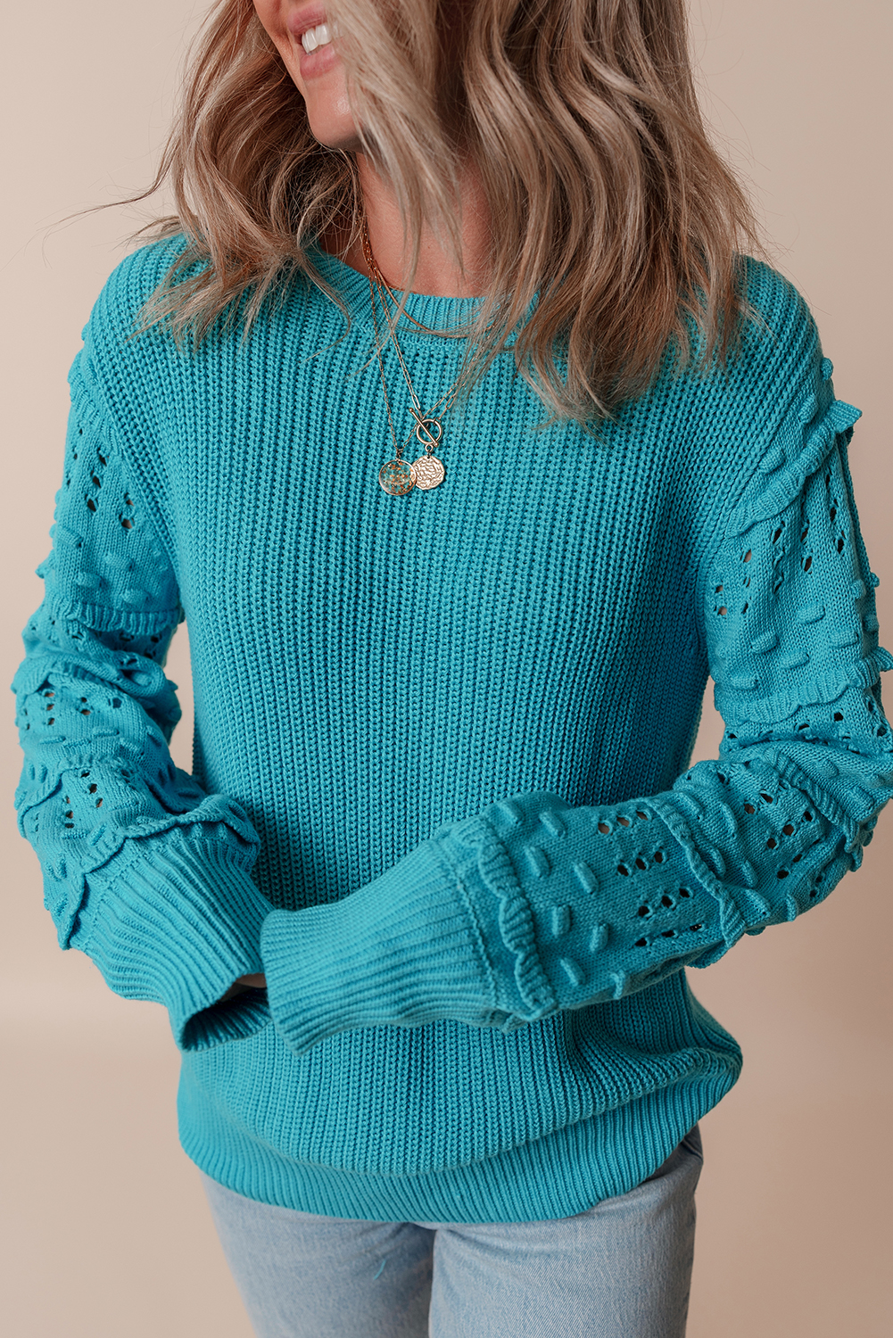 Turquoise Ruffled Eyelet Bubble Sleeve Sweater - loveforevers