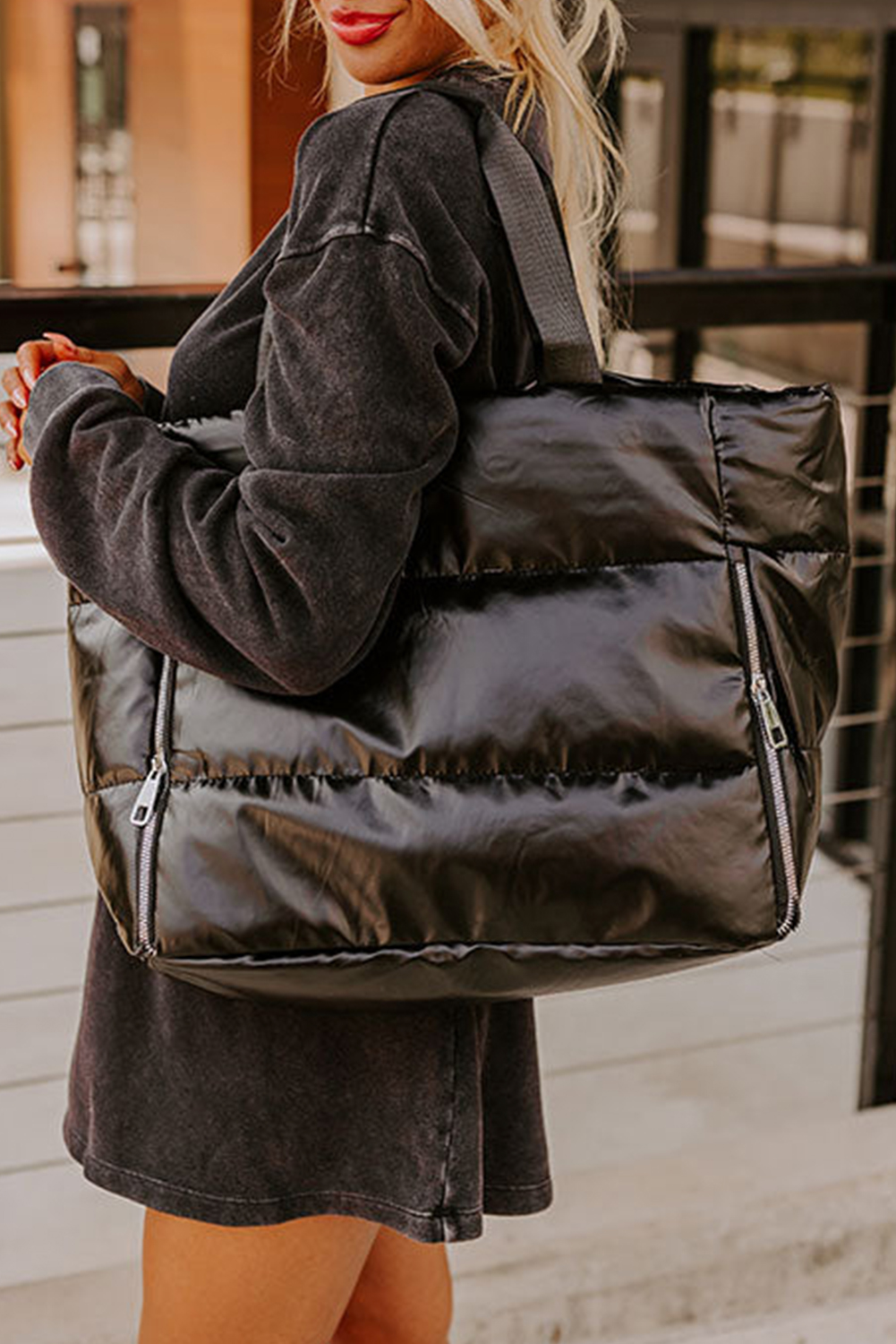 Black Solid Zipper Puffer Large Tote Bag - loveforevers