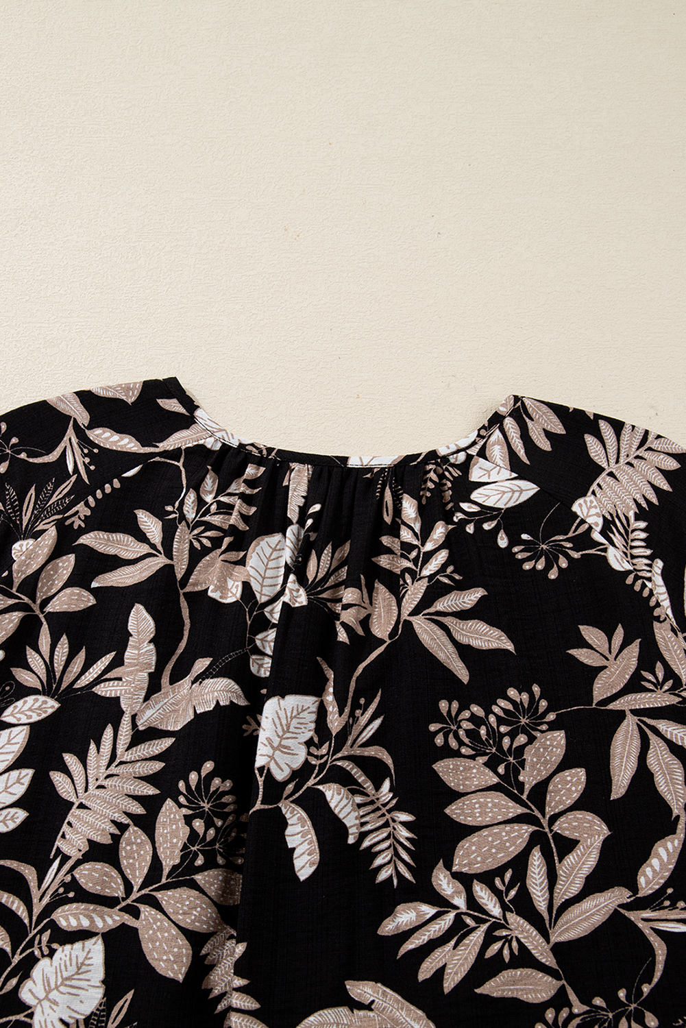 Black 3/4 Sleeve Botanical Print Split Neck Loose Mini Dress - loveforevers