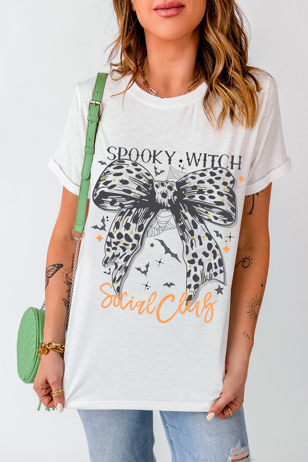 White SPOOKY WITCH Leopard Bowknot Bat Graphic Halloween T Shirt - loveforevers