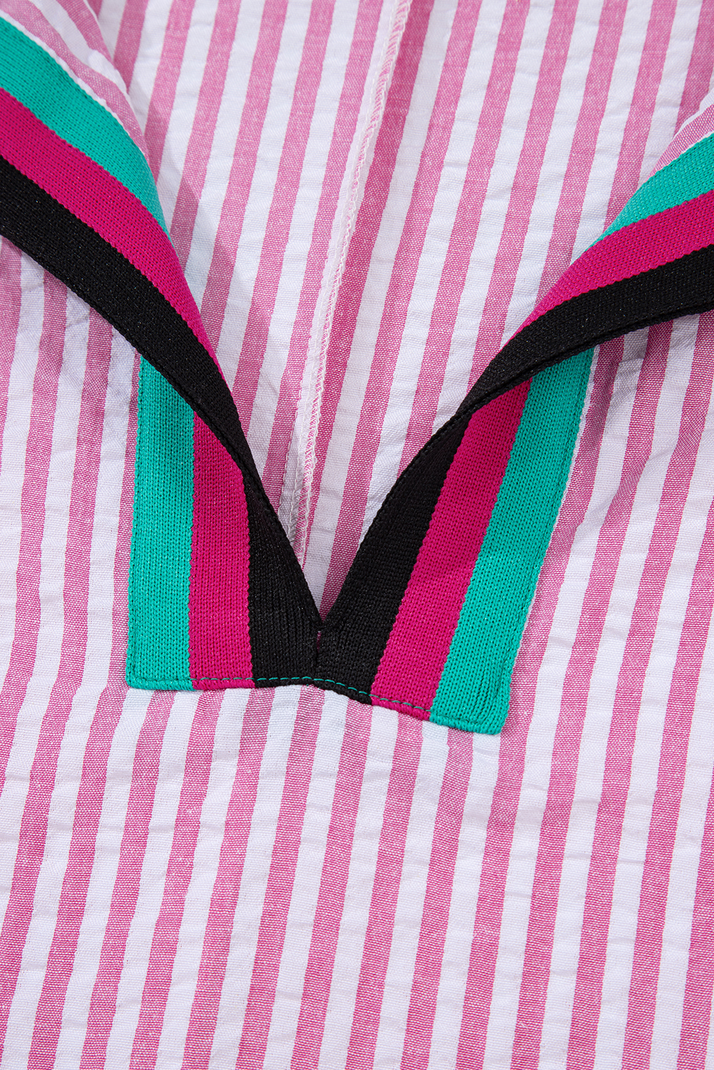 Sachet Pink Striped Print Contrast Split Neck Dolman Sleeve Blouse - loveforevers