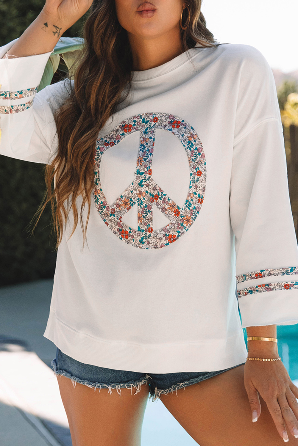 Beige Flower Patch Graphic Exposed Seam Wide Sleeve Top - loveforevers