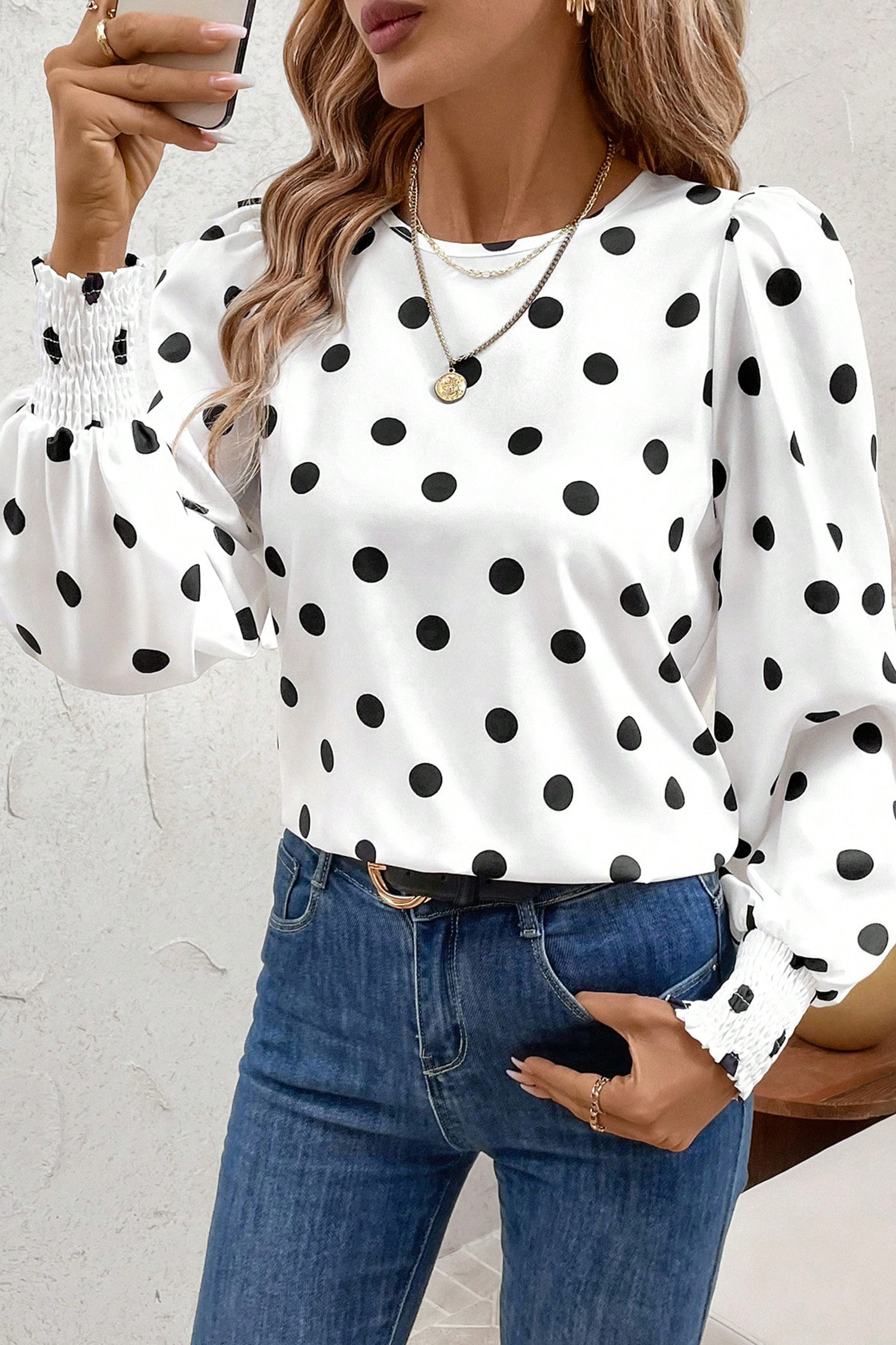 White Polka Dot Print Round Neck Frilled Long Sleeve Blouse - loveforevers