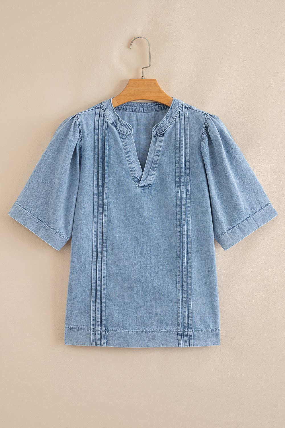 Myosotis Pintuck Pleats Puff Sleeve Split V Neck Summer Denim Top - loveforevers
