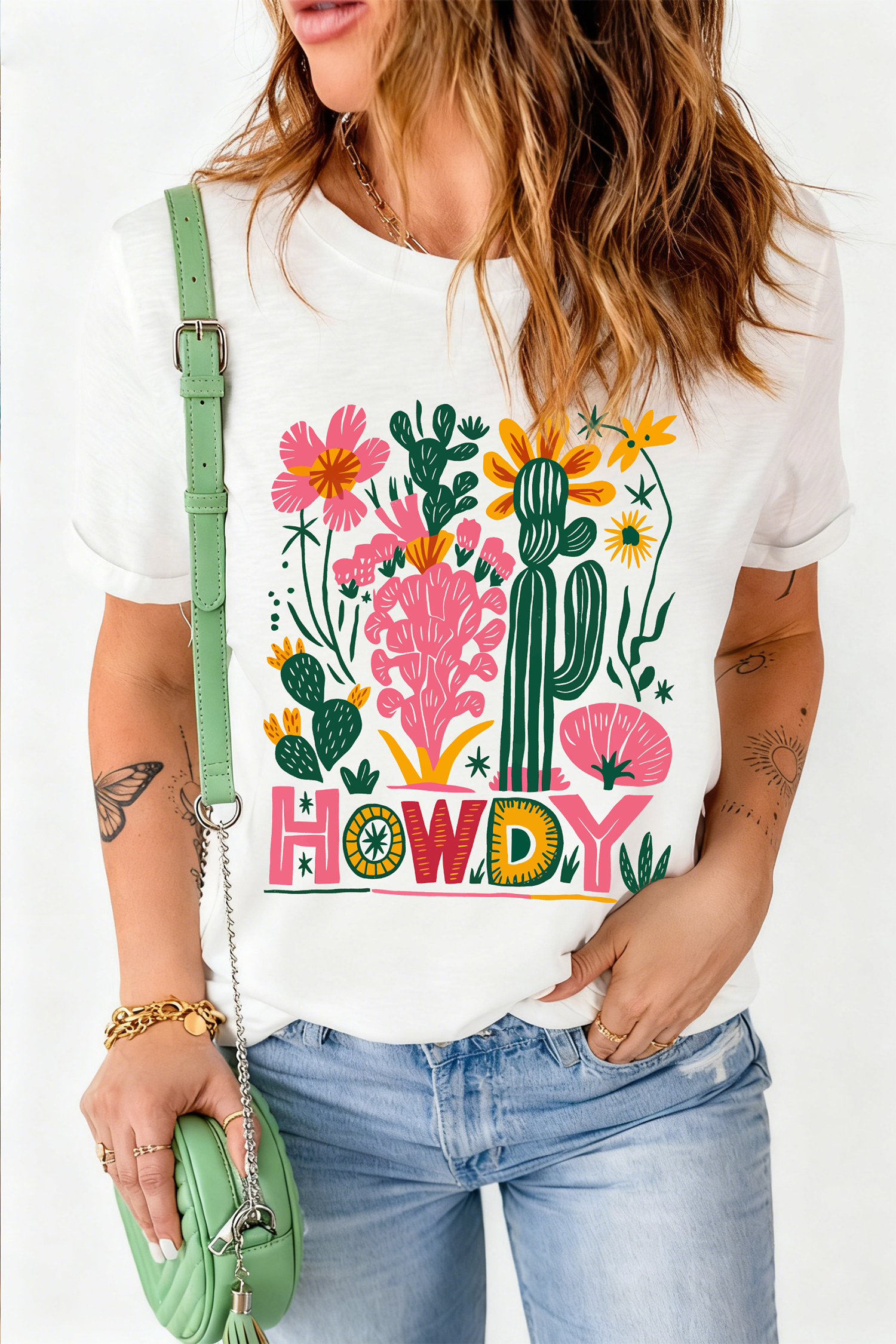 White HOWDY Cactus Flower Printed Cowgirl Fashion Tee - loveforevers