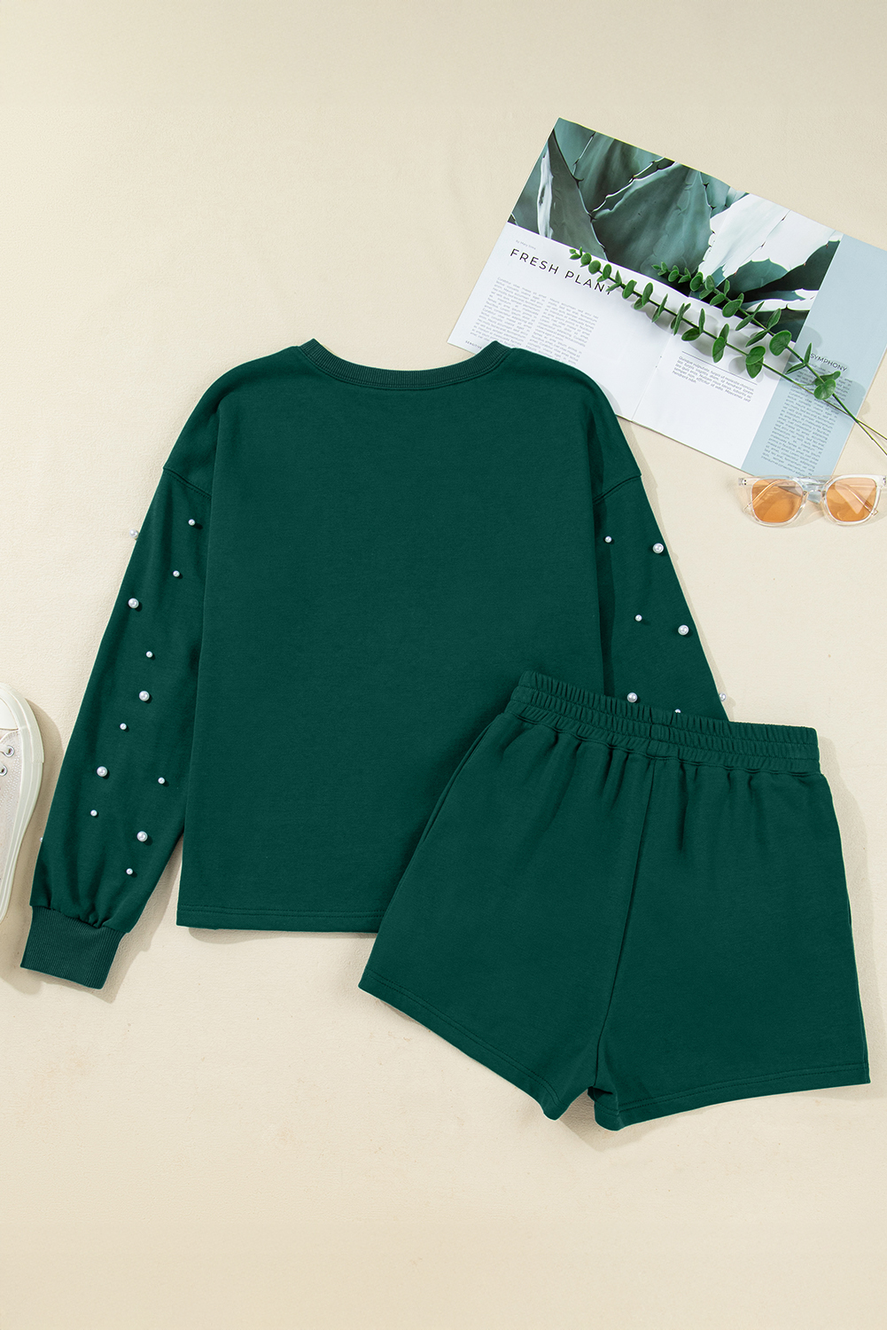 Dark Green Pearl Embellished Drop Shoulder Pullover Elastic Waist Mini Skirt Set - loveforevers