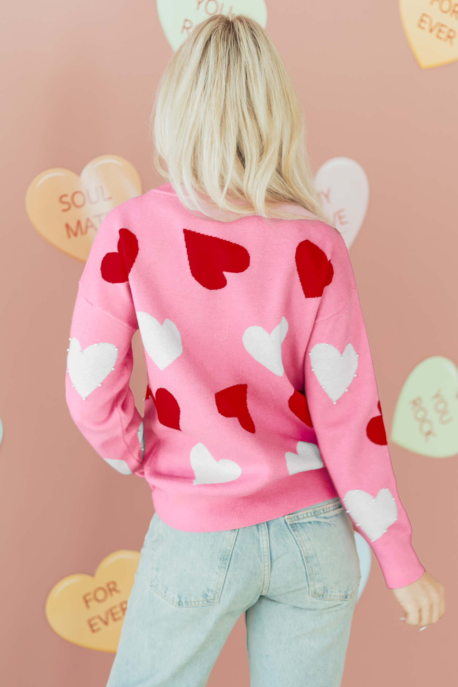 Pink Pearl Embellished Heart Pattern Valentines Day Sweater - loveforevers