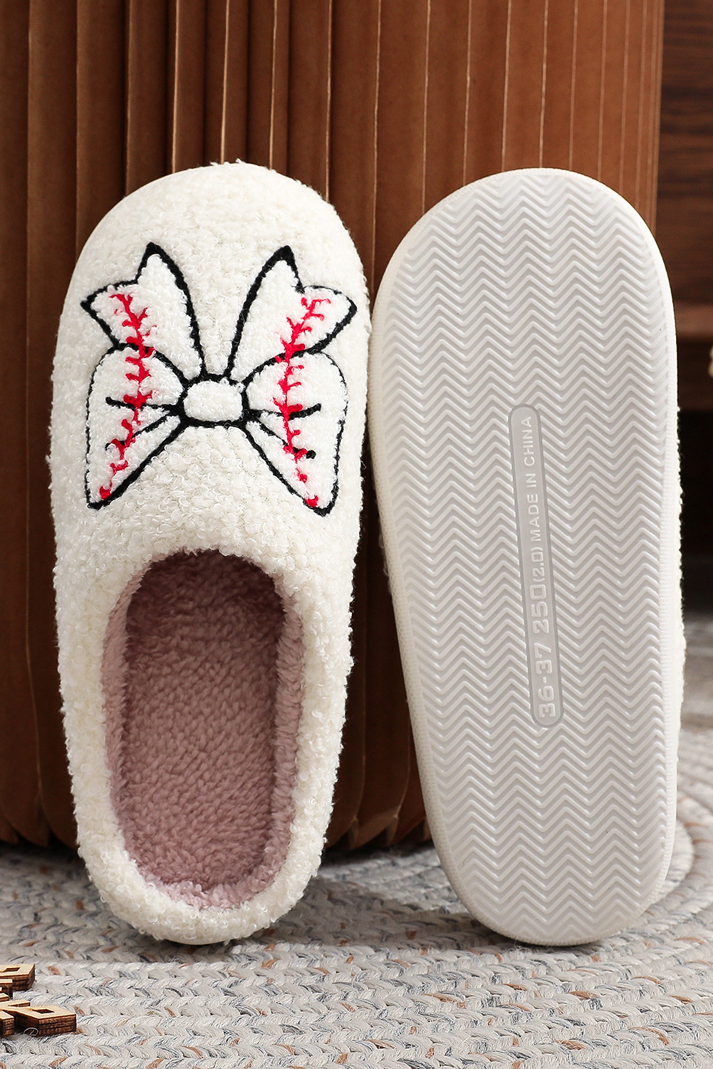 White Bow Knot Rugby Pattern Plush Warm Slippers - loveforevers