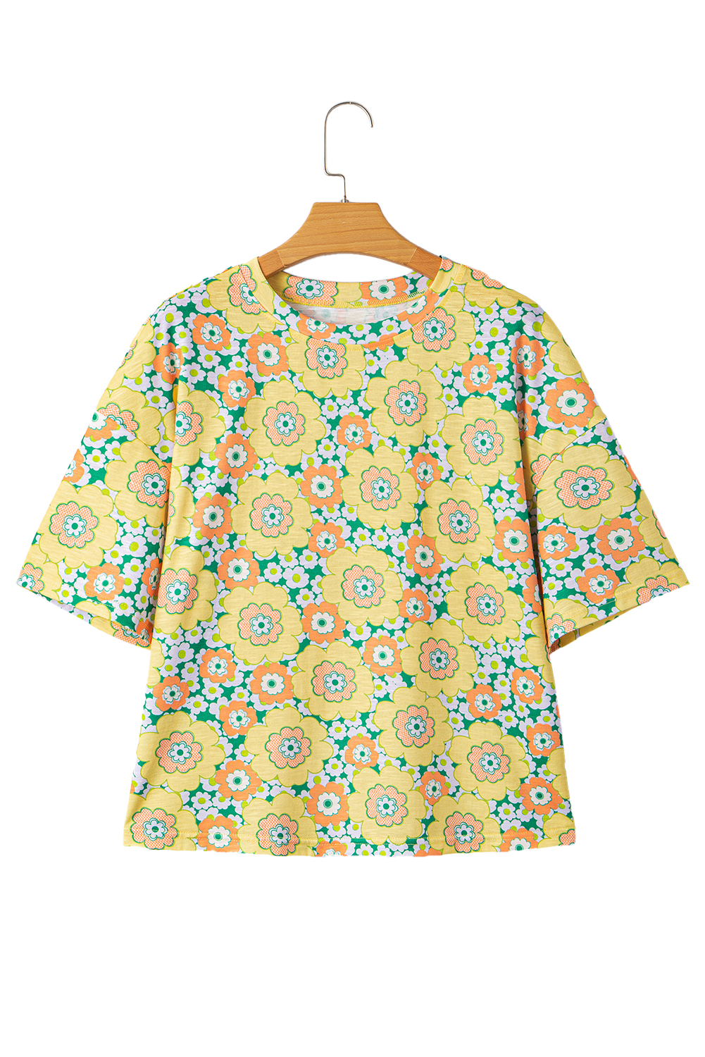 Yellow Summer Flower Printed Drop Shoulder Loose T Shirt - loveforevers