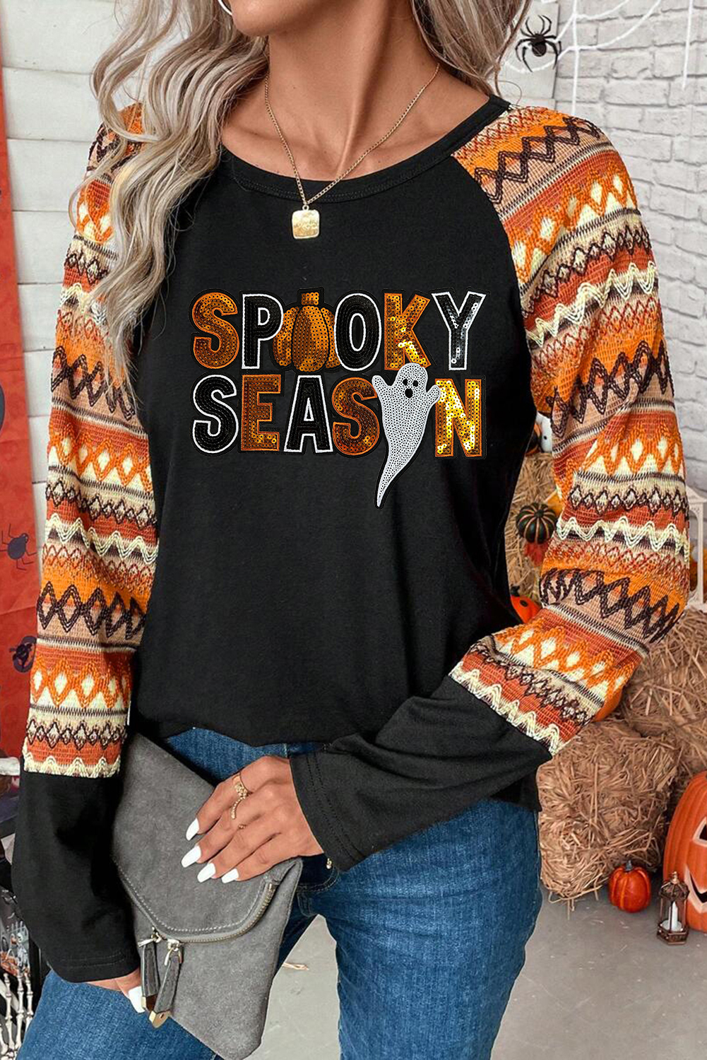 Orange SPOOKY SEASON Sequin Patched Halloween Graphic Contrast Long Sleeve Top - loveforevers