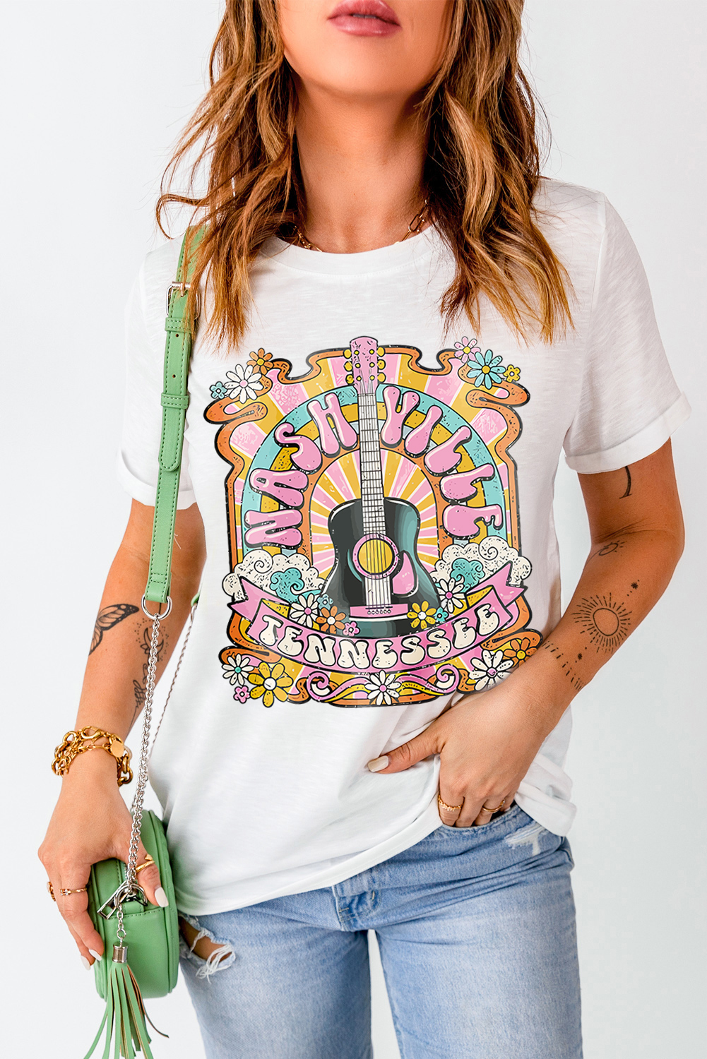 White NASHIVILLE Guitar Graphic Country Music T Shirt - loveforevers
