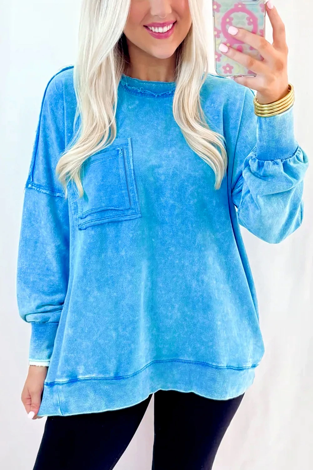 Blue Mineral Wash Raw Seam Double Patched Pocket Pullover Sweatshirt - loveforevers