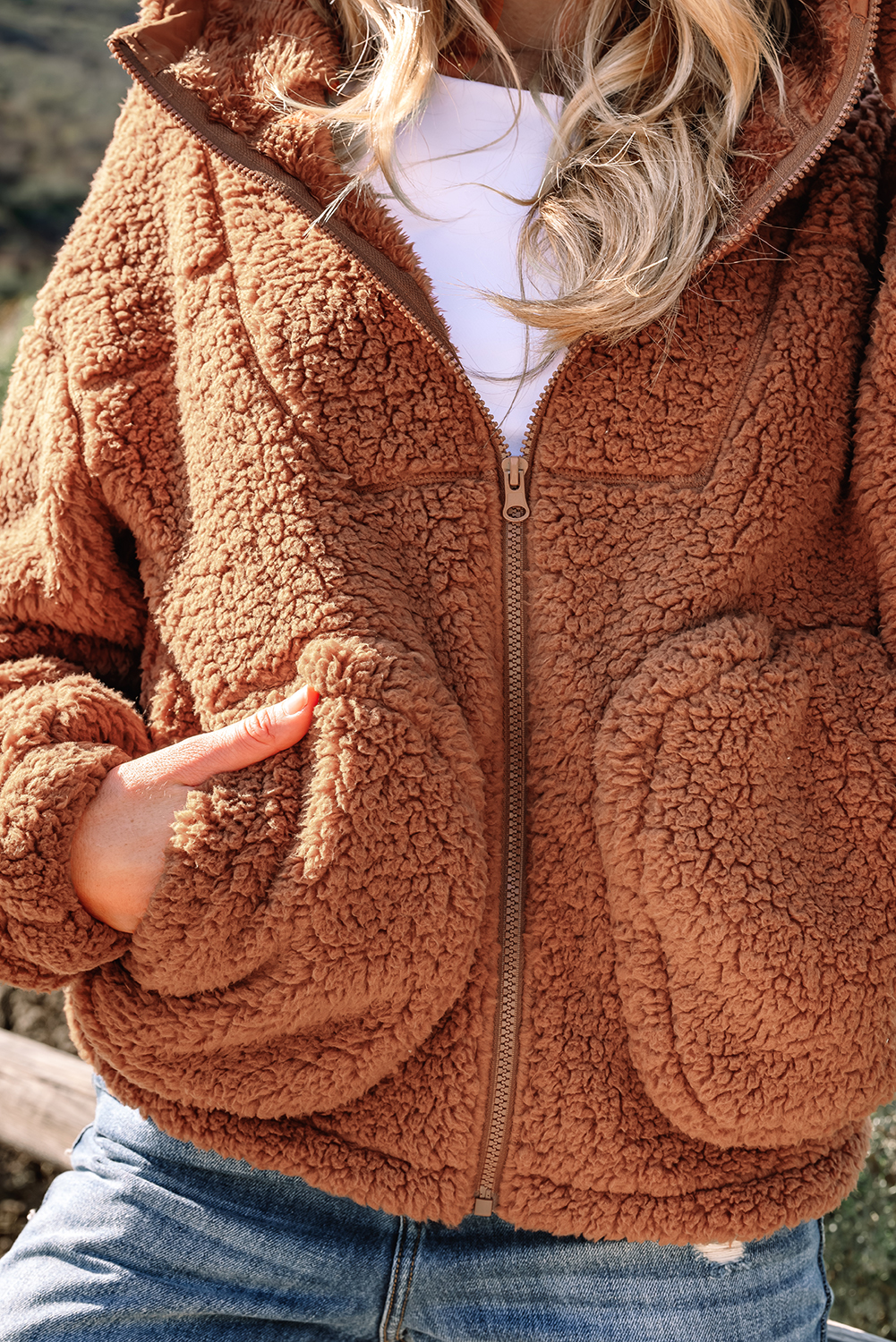 Straw Yellow Zip Up Hooded Sherpa Jacket - loveforevers