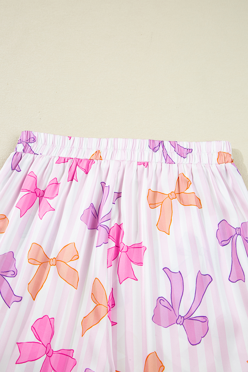 Pink Striped Bow Print Contrast Piping Trim Shirt and Pants 2pcs Pajama Set - loveforevers