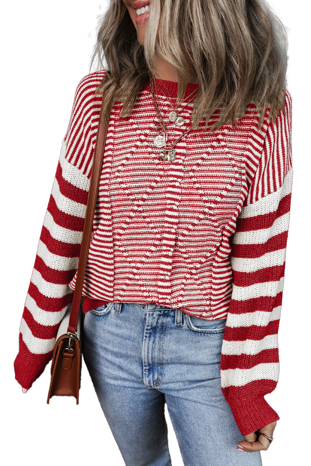 Gray Stripe Geometric Textured Drop Shoulder Sweater - loveforevers