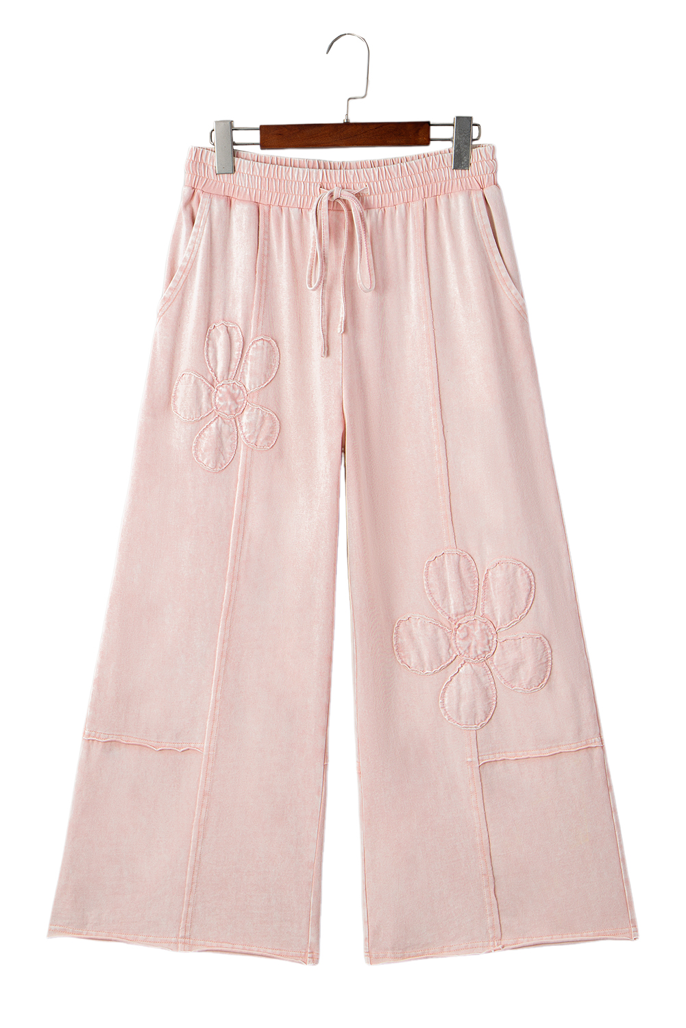 Pink Flower Patch Mineral Washed Terry Knit Cropped Wide Leg Pants - loveforevers