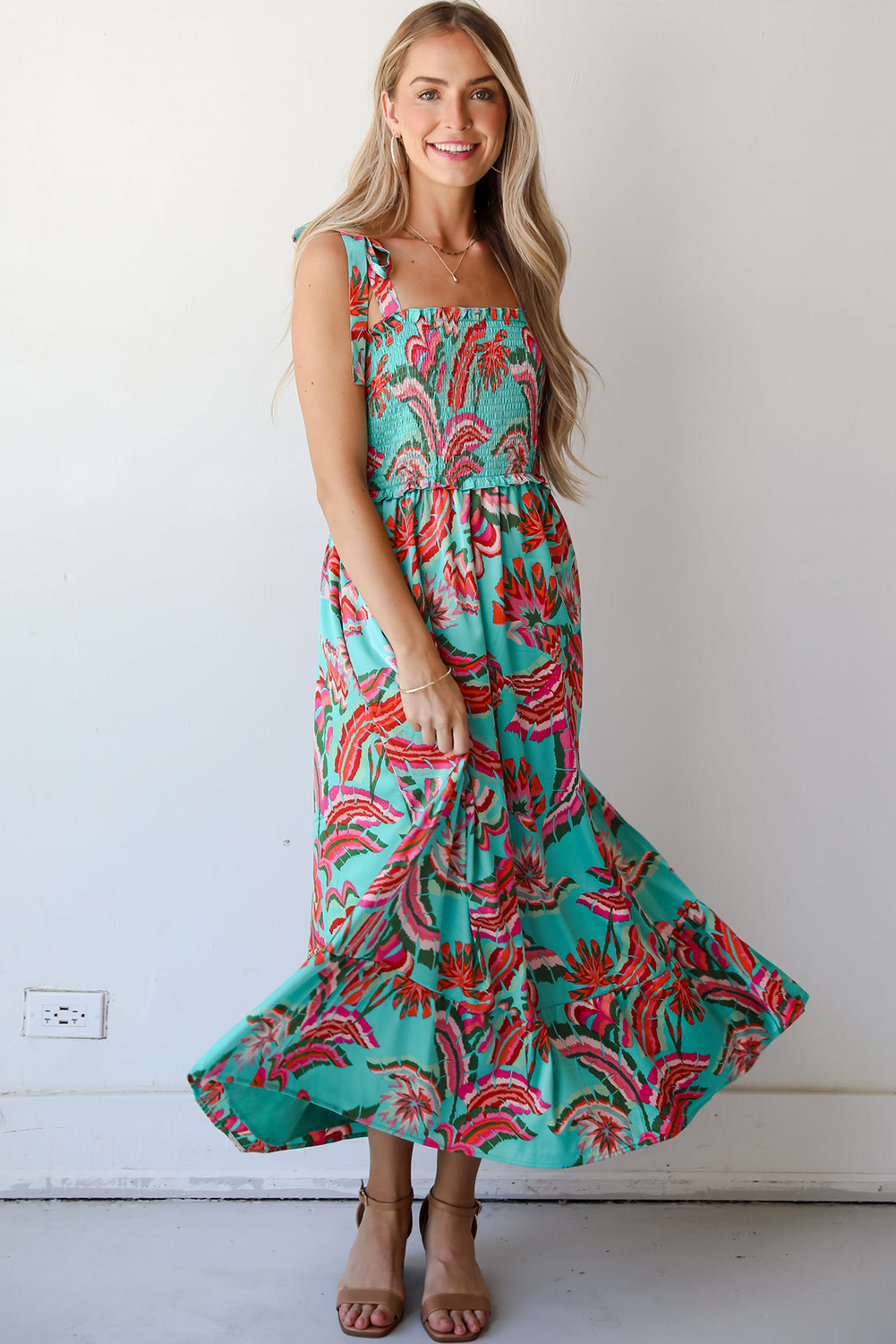 Green Abstract Print Smocked Bodice Knotted Straps Ruffled Maxi Dress - loveforevers