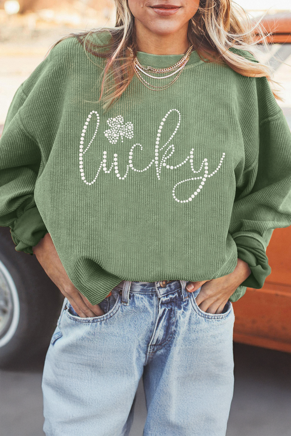 Grass Green Rhinestone lucky Clover Graphic Ribbed St Patrick Sweatshirt - loveforevers