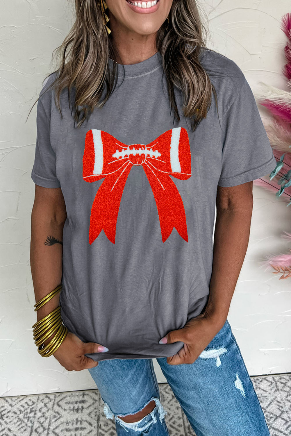 Gray Contrast Bowknot Game Day Graphic Tee - loveforevers