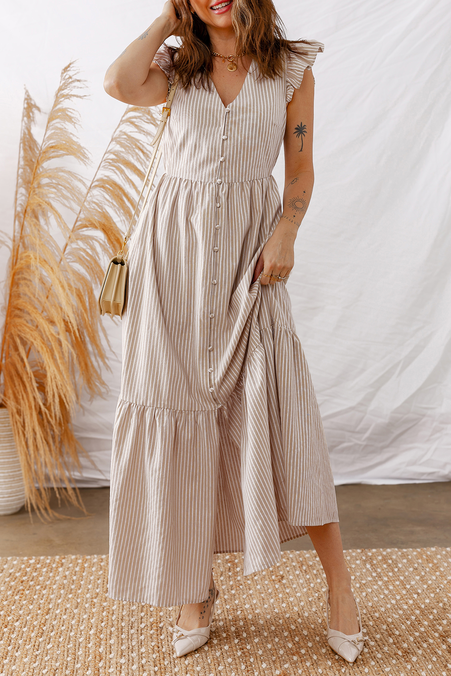 Khaki Stripe Flutter Sleeve Buttoned Front Slit Maxi Dress - loveforevers