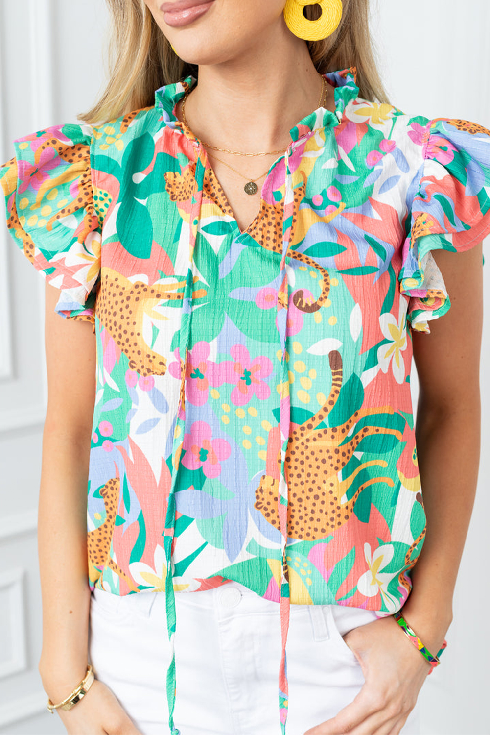 Green Frilly Ruffle Tie Split Neck Summer Floral Blouse - loveforevers
