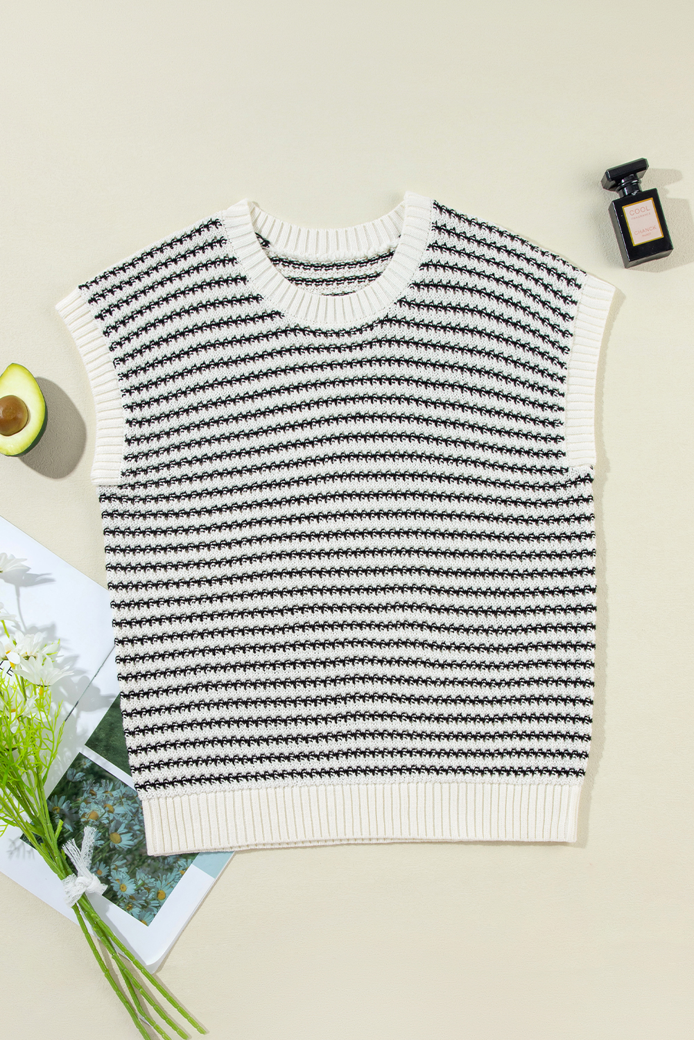 Blue Stripe Ribbed Trim Loose Fit Knitted Sweater Vest - loveforevers