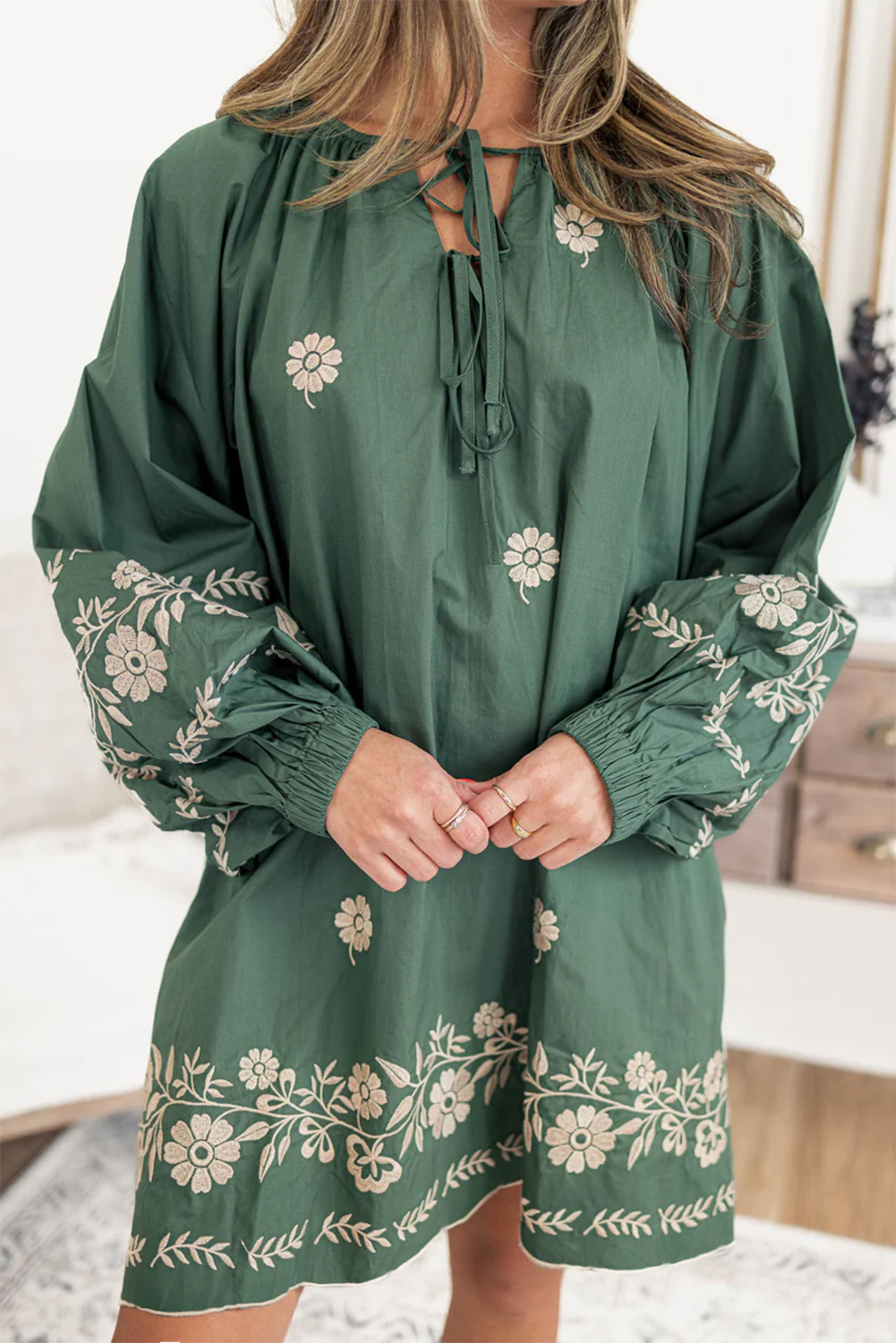 Mist Green Tie Neck Boho Floral Pattern Puff Sleeve Shift Dress - loveforevers