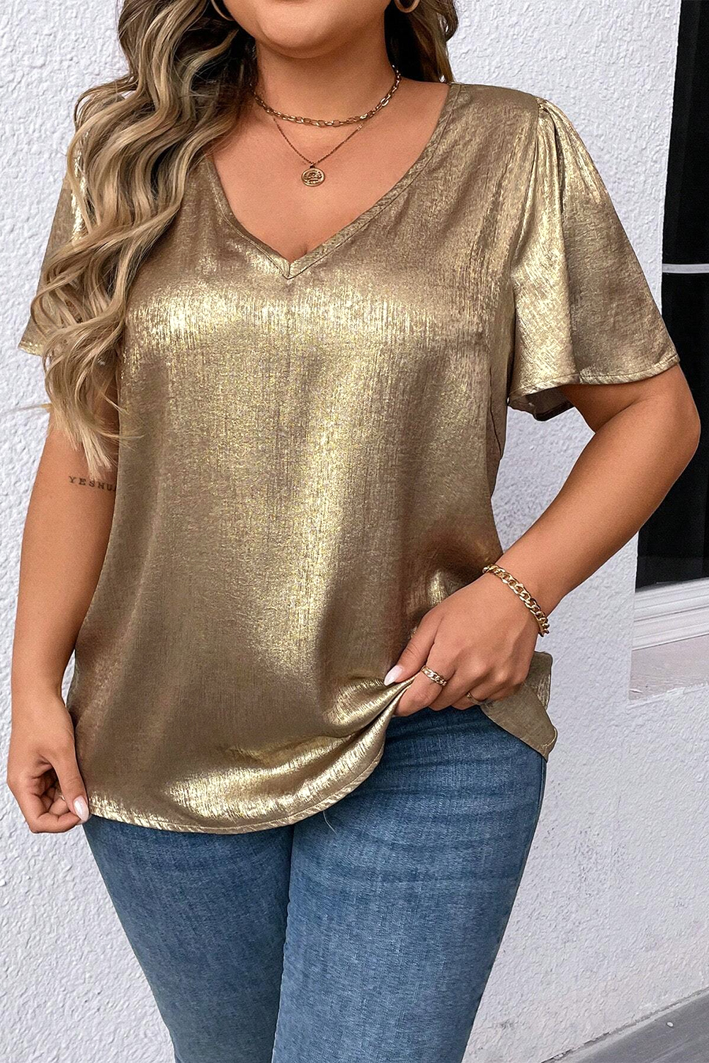 Gold Plus Size Metallic V Neck Short Sleeve Blouse - loveforevers