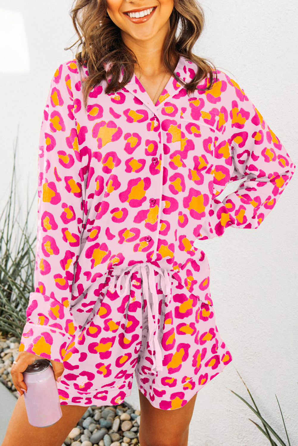 Pink Leopard Print Long Sleeve Shirt and Shorts Pajama Set - loveforevers