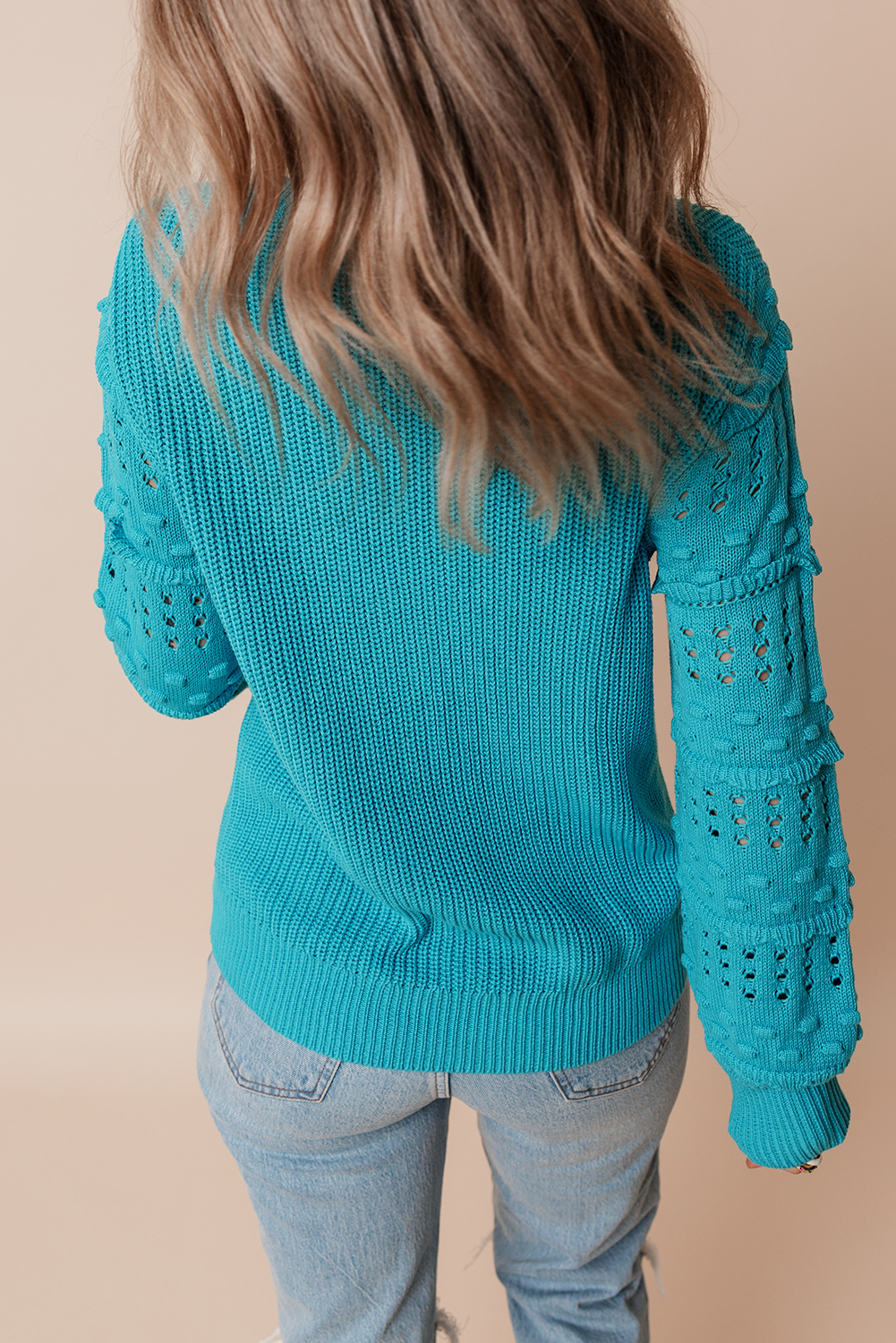 Turquoise Ruffled Eyelet Bubble Sleeve Sweater - loveforevers