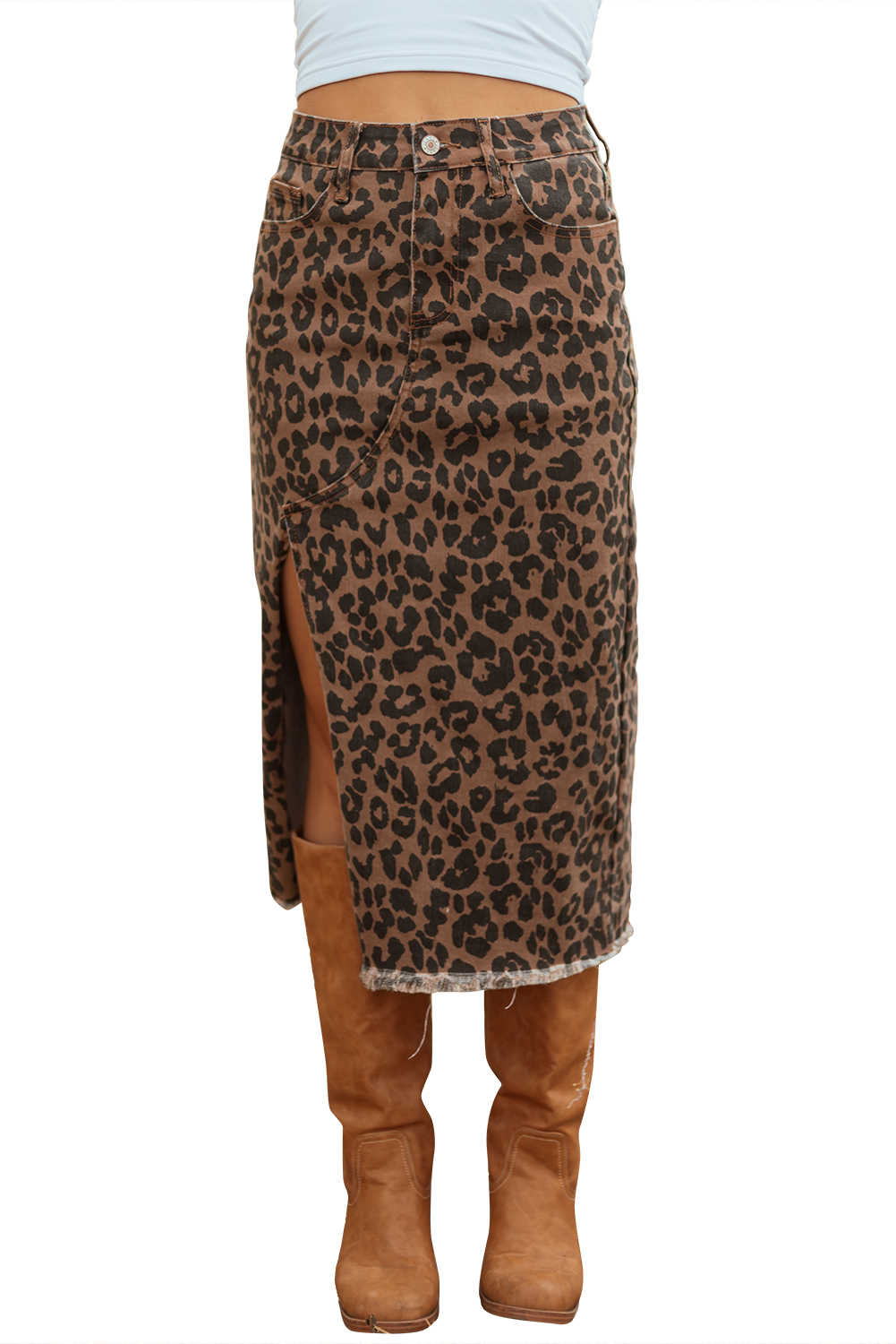 Brown Leopard Denim Frayed Split Denim Midi Skirt - loveforevers