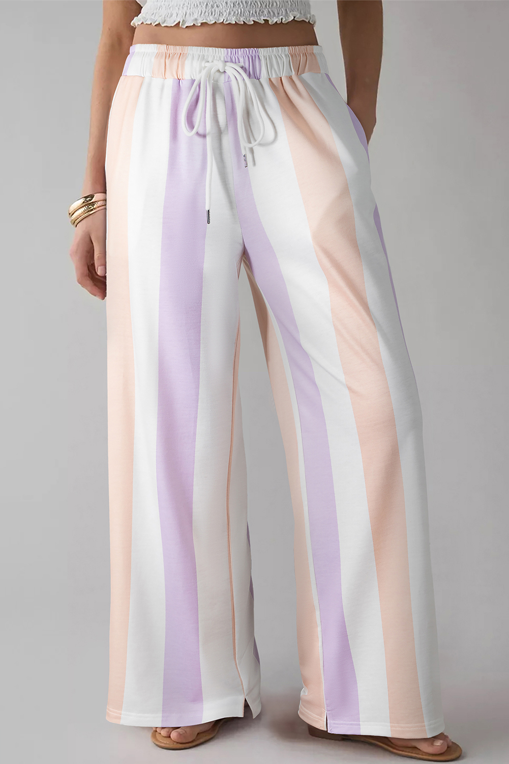 Purple Stripe Multicolored Print Drawstring Loose Pants with Side Pockets - loveforevers