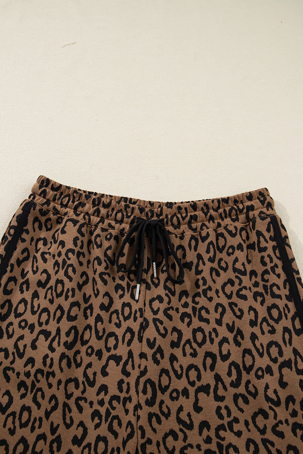 Brown Varsity Striped Trim Leopard Long Sleeve Top Drawstring Pant Set - loveforevers