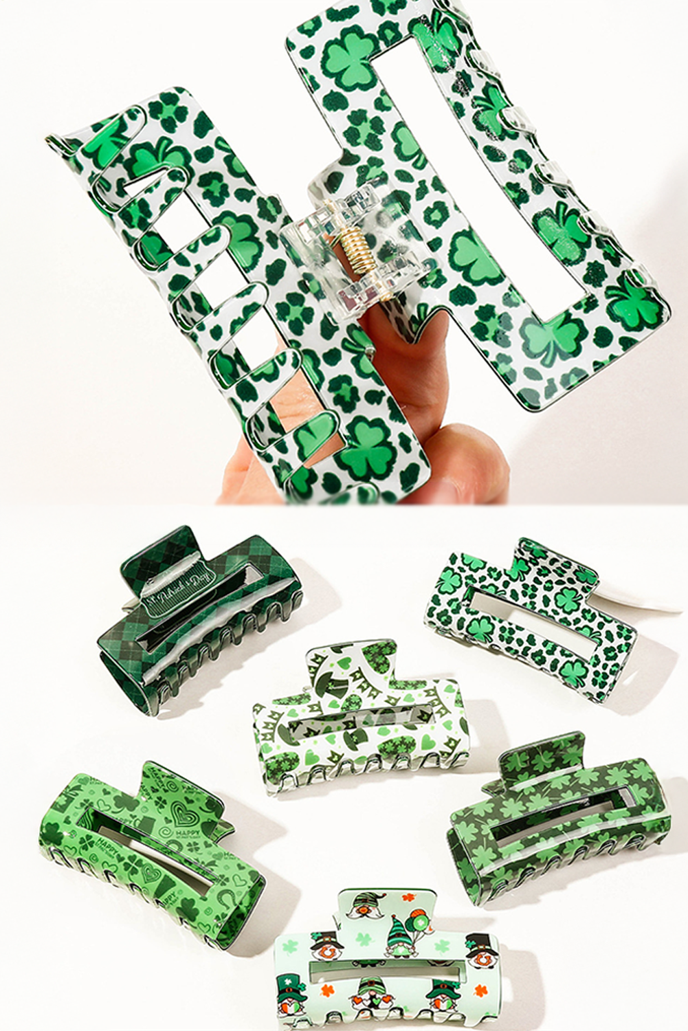 Grass Green St Patricks Clover Print Hollow Out Square Hair Clip - loveforevers