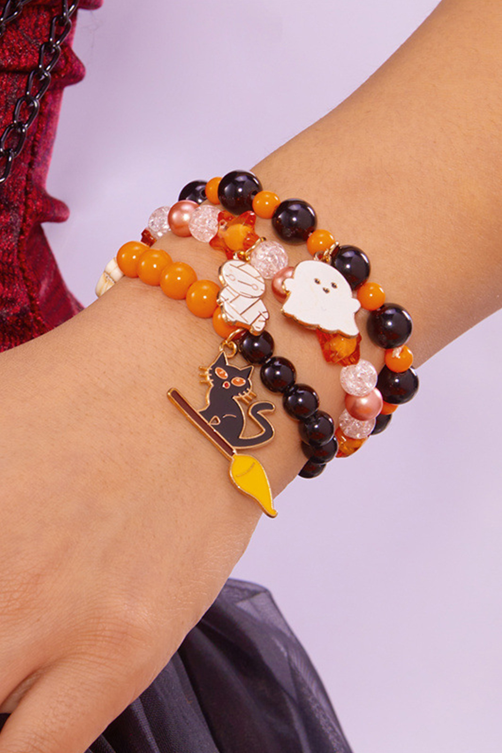 Orange 3pcs Halloween Pendent Elastic Beading Bracelet - loveforevers