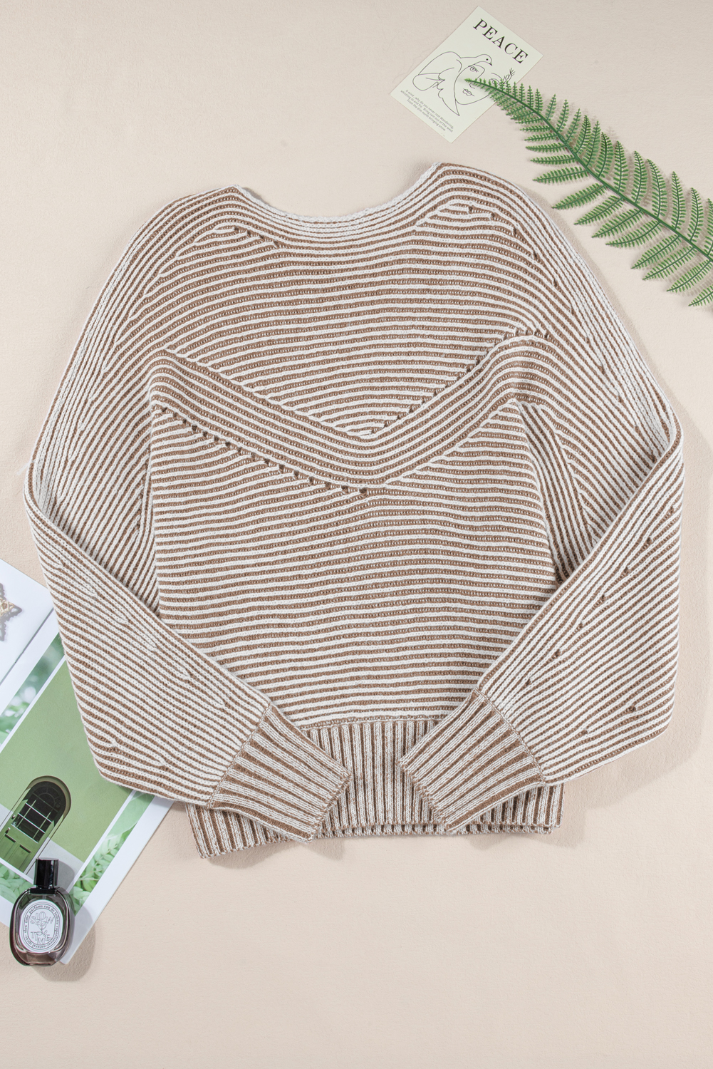 Coffee Striped Print Ribbed Knit Boat Neck Baggy Sweater - loveforevers