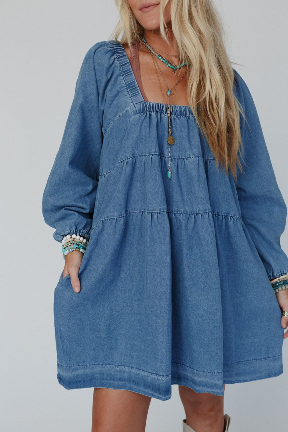 Dusk Blue Square Neck Side Pockets Loose Fit Denim Mini Dress - loveforevers
