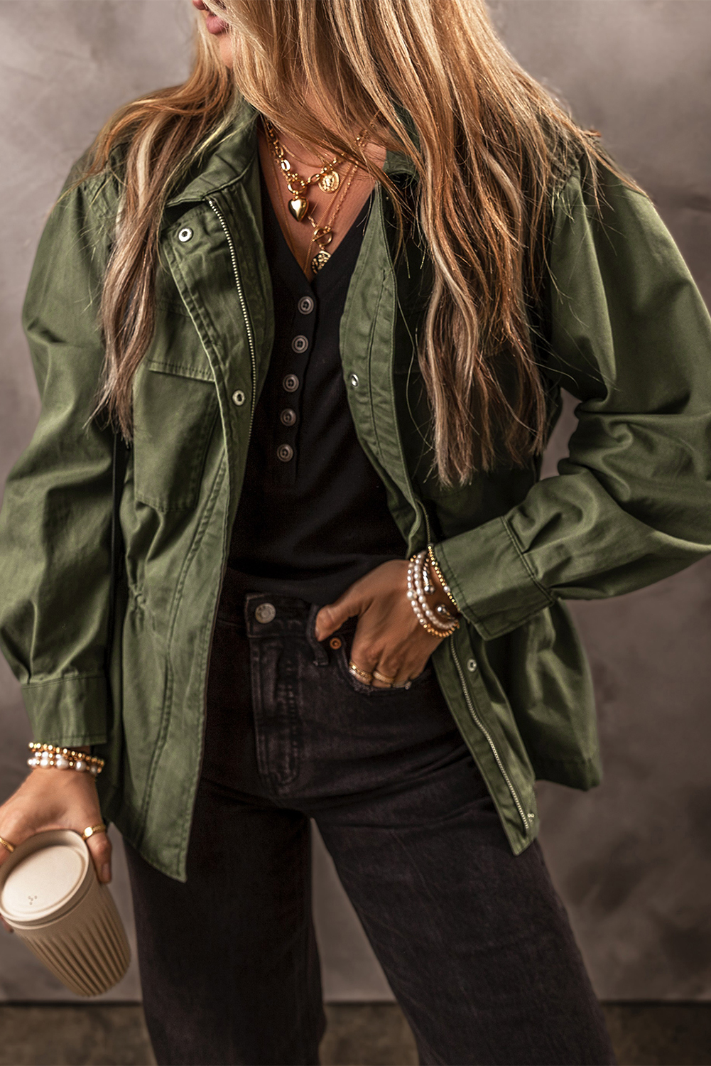 Moss Green Snap Button Zipper Tight Waist Collared Jacket - loveforevers