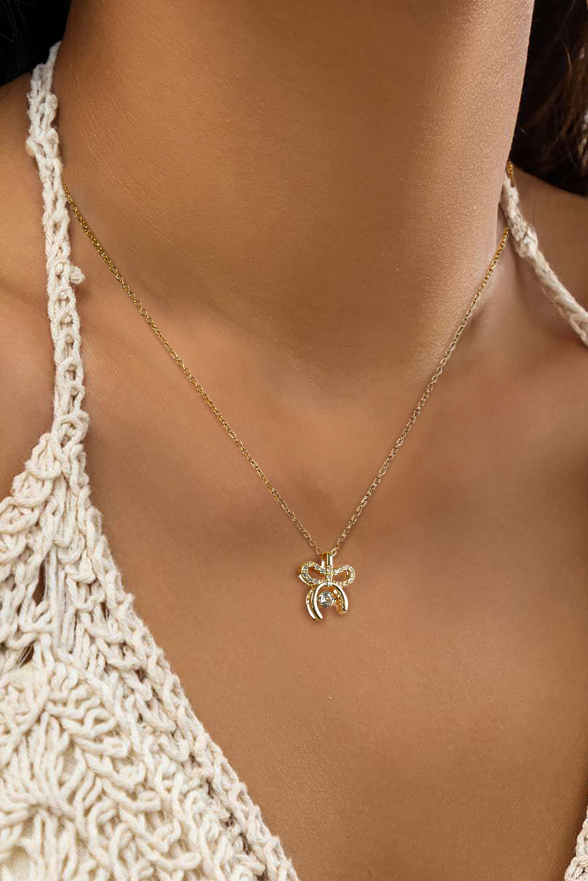 Gold Rhinestone Bow Knot Pendant Plated Alloy Necklace - loveforevers